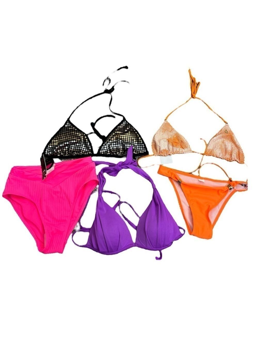 Bikini bundle orange black gold purple various sizes 3 tops + 2 NWT bottoms